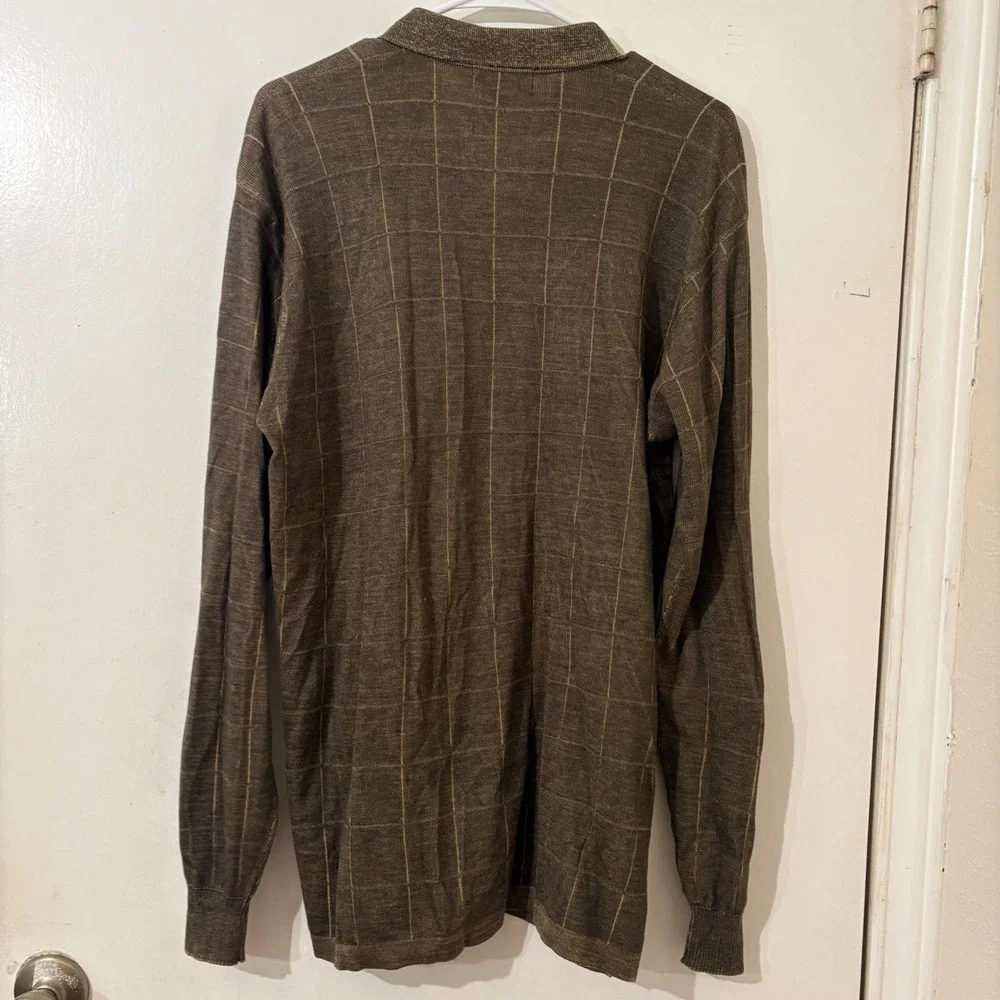 Anthology Mens Brown 100% Silk Grid Button Down Sweater Knit Polo Size Medium